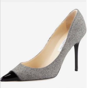 Jimmy Choo Gray Flannel Archer Pumps Patent Accent